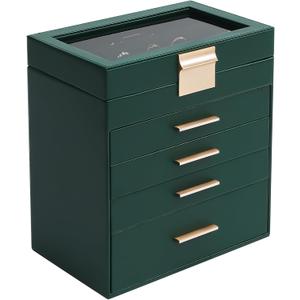 Somduy Jewelry Box, 5 Layers Jewelry Storage Display Box with Glass Lid for Women, 4 Drawers,Large Capacity for Necklace Earrings Bracelets Rings, Green