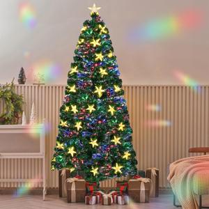 Juegoal 7ft Pre-Lit Artificial Christmas Tree, Lighted Optical Fiber Xmas Trees with Warm White Large Stars & Color Changing Optical Fiber Lights, Party Home Holiday Green Fake Tree with Metal Legs