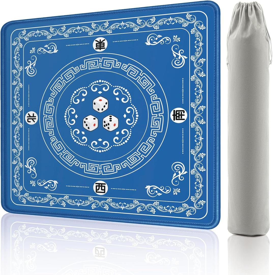 Mahjong Mat - Elegant Blue with Lace Trim | Non-Slip Rubber Gaming Mat & Noise Reducer | for Mahjong Tiles, Poker, Cards, Dominoes, Board Games | 32.4x32.4 Inch