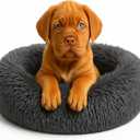 Calming Dog Bed - Fluffy Donut Cuddler for Anxiety Relief, Orthopedic Pet Bed with Non-Slip Bottom, Cozy Round Faux Fur Nest for Dogs and Cats, Plush Crate Mat for Comfort (Dark Grey, Small)