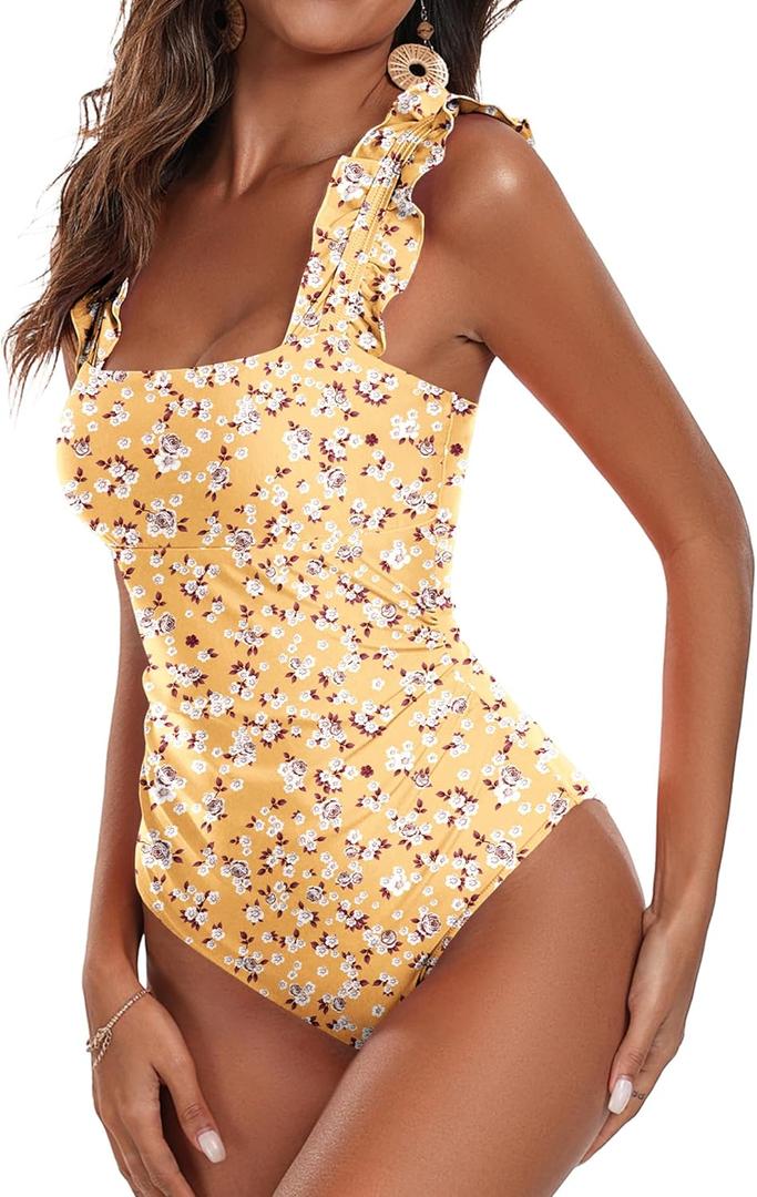 Ekouaer Women's One Piece Swimsuits Square Neck Tummy Control Bathing Suit with Adjustable Ruffled Straps Swimwear (Large, Yellow Floral)
