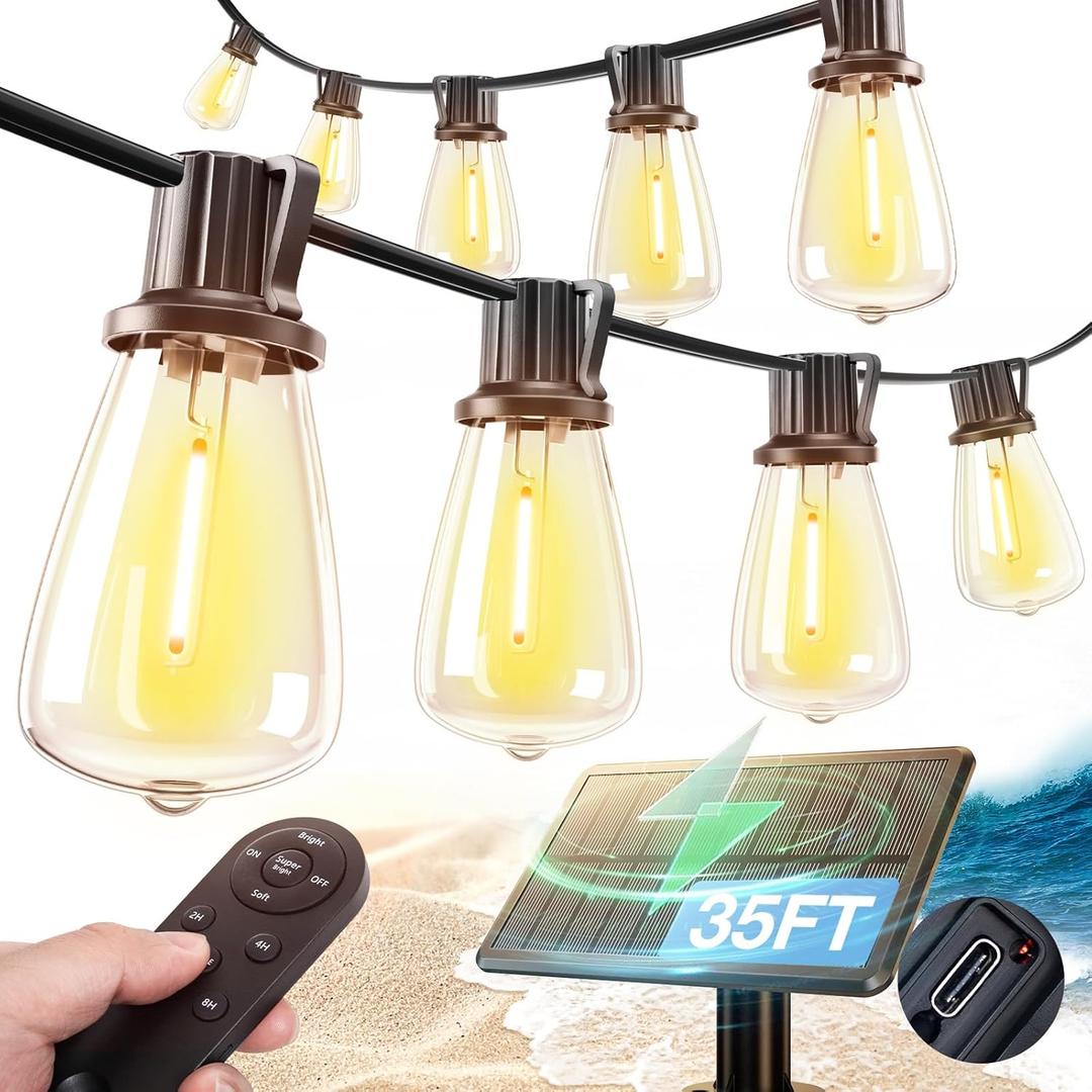 Addlon 35FT Solar String Lights Outdoor, IP54 Waterproof Solar Powered with Remote & USB Port, 10+1 LED Shatterproof Bulbs, Dimmable Solar Light Outdoor for Camping Backyard, Bistro, Porch