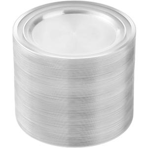 100PCS Clear Plastic Plates for Party, 7 Inch Heavy Duty Dinner Plates with Silver Rim, Disposable Plates for Wedding and Birthday (Clear Silver)