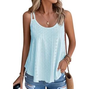 Eachrise Womens Tank Tops Summer Sleeveless Casual Spaghetti Strap Blouses Eyelet Embroidery Loose Fit Tunic Shirts.2XL