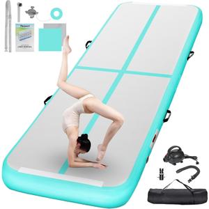 FBSPORT Inflatable Air Gymnastics Mat Training Mats 4/8 inches Thickness Gymnastics Tracks for Home Use/Training/Cheerleading/Yoga/Water with Pump (10ftL*6.6ftW*8inH(Width 6.6ft), light green)