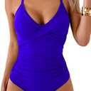 B2prity Women's One Piece Swimsuits Tummy Control Front Cross Bathing Suits Tie Back Slimming V Neck Swimwear (Medium, Blue Solid Color)