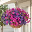 Artificial Fake Hanging Flowers Plants Baskets for Outdoors Fall Decoration, UV Resistant Faux Silk Morning Glory in Planter Realistic for Outside Porch Patio Balcony Garden Yard Home Decor