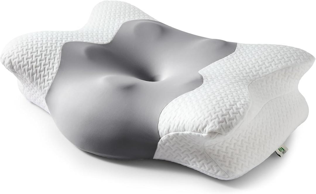 Cervical Neck Pillow for Sleeping, Adjustable Ergonomic Pillow, Contour Neck Support Side Sleeper Pillows for Adults, Memory Foam Pillow for Neck and Shoulder Pain Relief, Back, Stomach Sleeper (Grey & White)