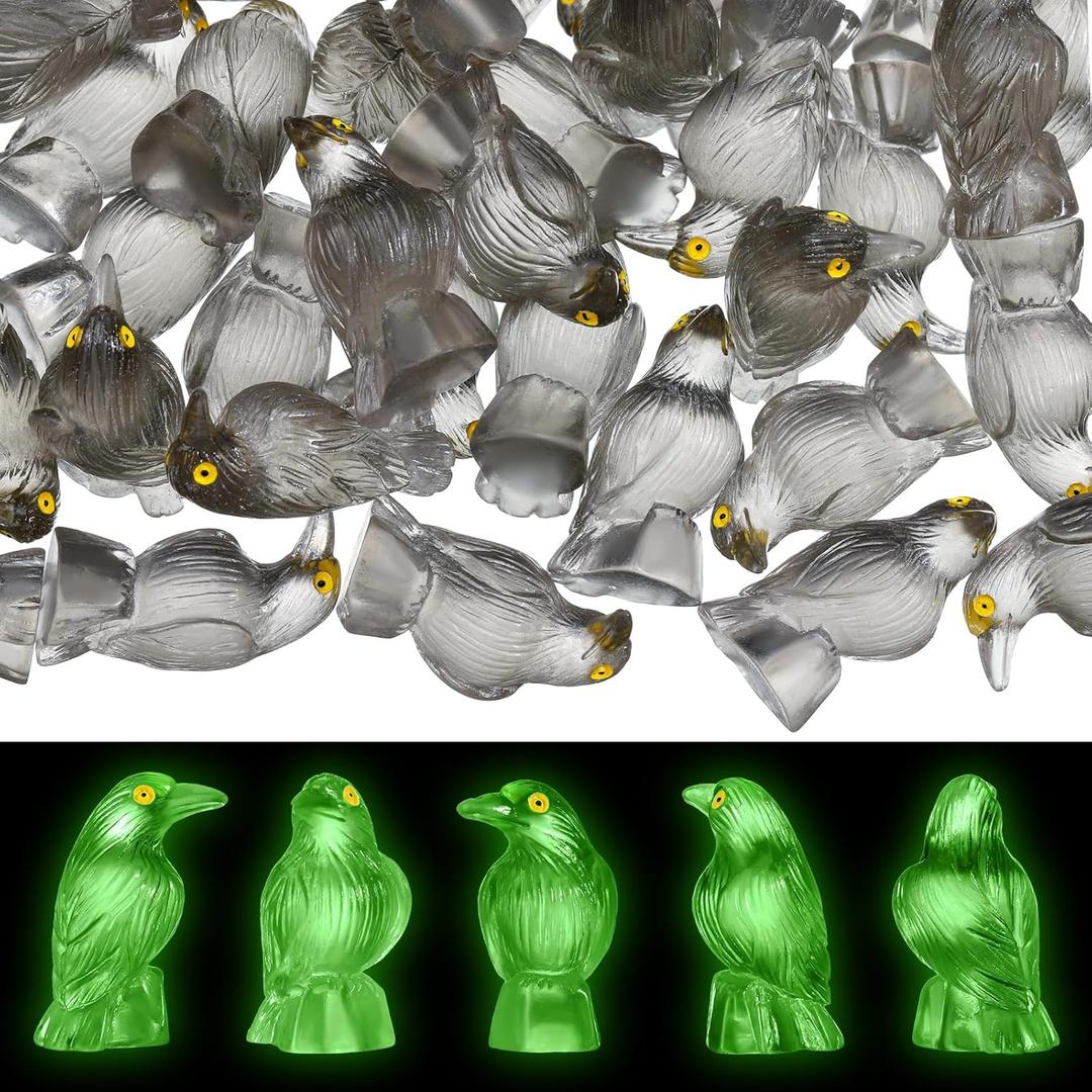 3 x 100 Pcs Halloween Miniature Crows Decor Luminous Mini Resin Crows Figurines Glow in The Dark Raven Decor Small Resin Animals Figures for Halloween Spooky Micro Landscape Party Table