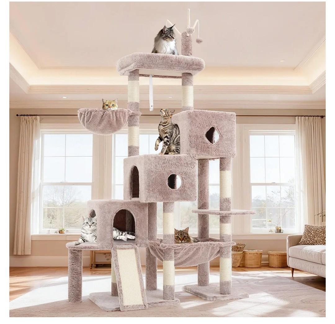 Hey-brother Cat Tree Tower, Scratching Posts with 3 Condos, Large Basket, Cozy Bed, Sisal Board, Step-by-Step Climbing Pathway and Toys, 74.8 inches Furniture for Big Indoor Cats, Muchroom MPJ081MU