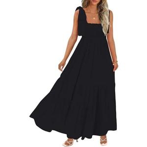 CURBODO Women's Summer Maxi Dress Boho Spaghetti Straps Casual Long A-line Smocked Beach Dress Square Neck Flowy Sun Dress,M