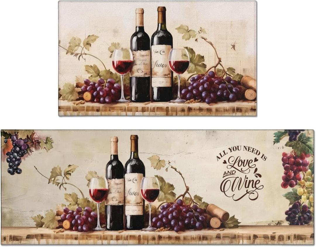 Red Wine Kitchen Rugs Sets of 2, Grapes Vintage Farmhouse Home Kitchen Rugs and Mats, Washable Non Skid Absorbent Microfiber Kitchen Floor Decor Mat 17"x 47 + 17"x 30"