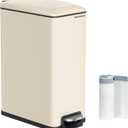 SONGMICS Slim Trash Can, 13-Gallon (50 L) Garbage Can for Narrow Spaces with Soft-Close Lid, Inner Bucket, and Step-on Pedal, Stainless Steel, 15 Trash Bags Included, Sand Beige ULTB510A01