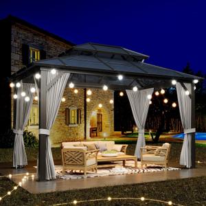 GAOMON 10'x12' Hardtop Gazebo Outdoor Polycarbonate Patio Double Top Canopy Galvanized Iron Aluminum Column Garden Tent Curtains Netting for Backyards Decks Lawns, Gray