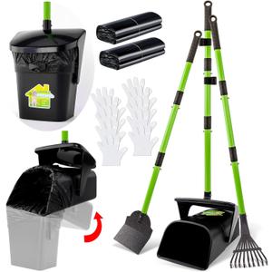 LANNEY Pooper Scooper - 38" Long Adjustable Metal Handle Dog Pooper Scooper Swivel Bin & Rake & Spade with 50 Bags Attachment, Portable Heavy Duty Dog Poop Scooper for Yard Dogs Large Medium Small (Black and green)