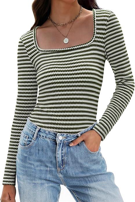 IWD Womens Striped Long Sleeve Shirts Slim Fit Square Neck Tops 2026 Spring Lightweight Sweater Knit T Shirts Layering Basic Tees Army Green S
