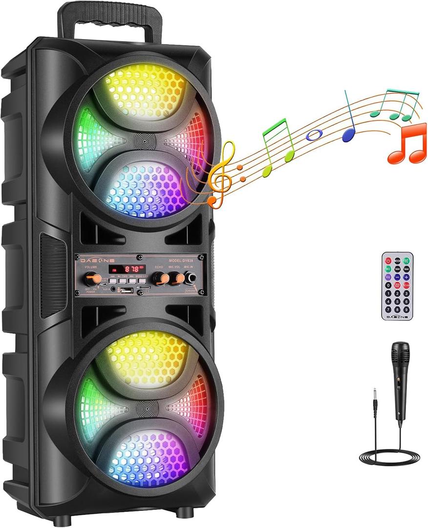 TWS Portable PA Speaker System with Dual 6.5 Inch Woofer, Wireless Bluetooth Speaker with Wired Microphone, Remote, FM Radio, Party Lights, Outdoor Karaoke Machine for Events, Camping, Travel