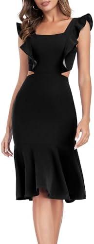 Jusfitsu Women's Elegant Formal Cocktail Dresses Cut Out Ruffle Dress Square Neck Midi Wedding Guest Dress (Medium)