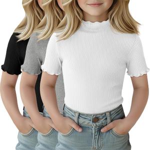 3 Pack Girls Shirts Short Sleeve Mock Turtleneck Cotton Cute Lettuce Trim Summer Tops 5-14Y Kids Clothes