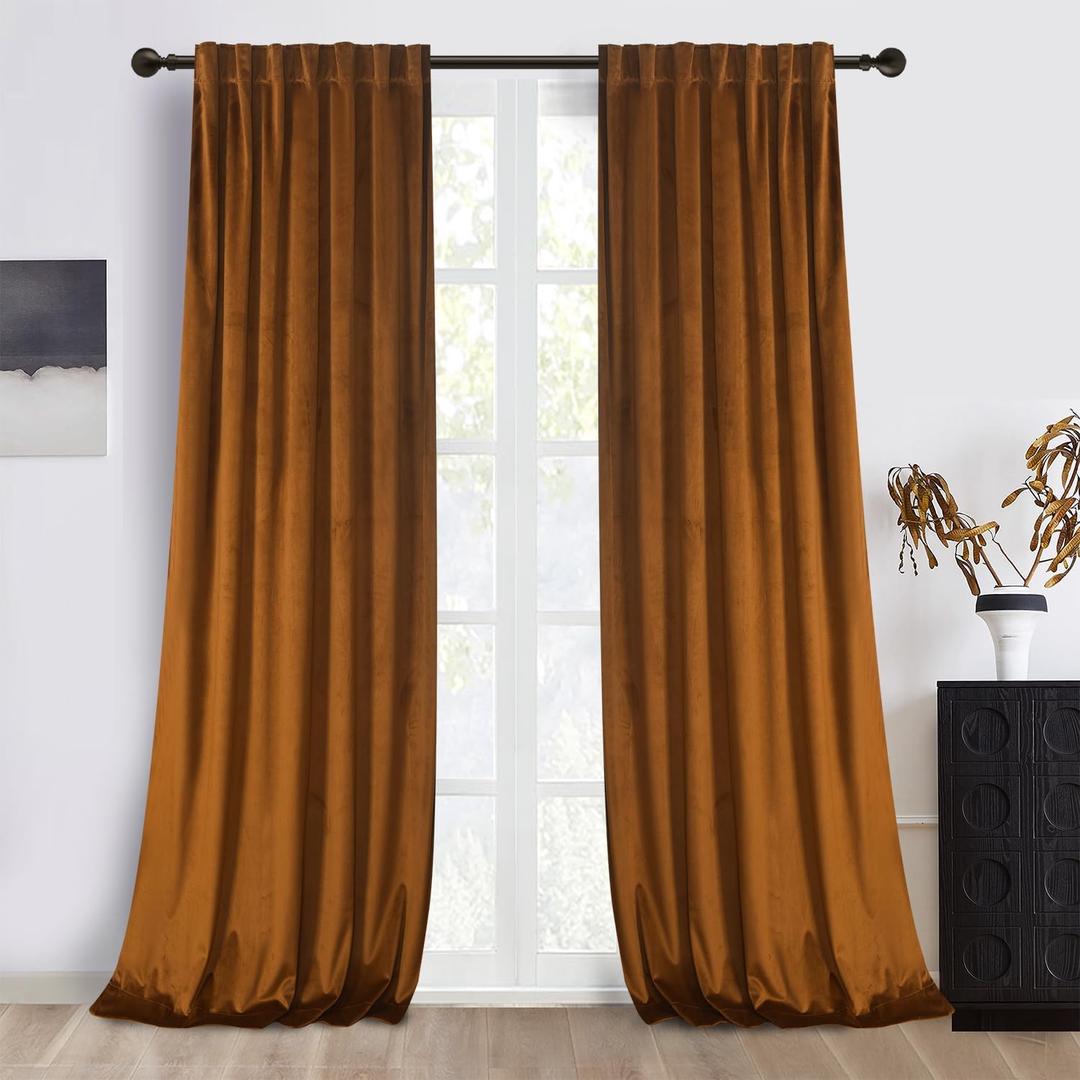 Roslynwood Luxury Soft Brown Velvet Curtains 96 inches Long Back Tab Thermal Insulated Blackout Window Drapes for Living Room/Bedroom/Dining Room, W52 x L96, 2 Panels
