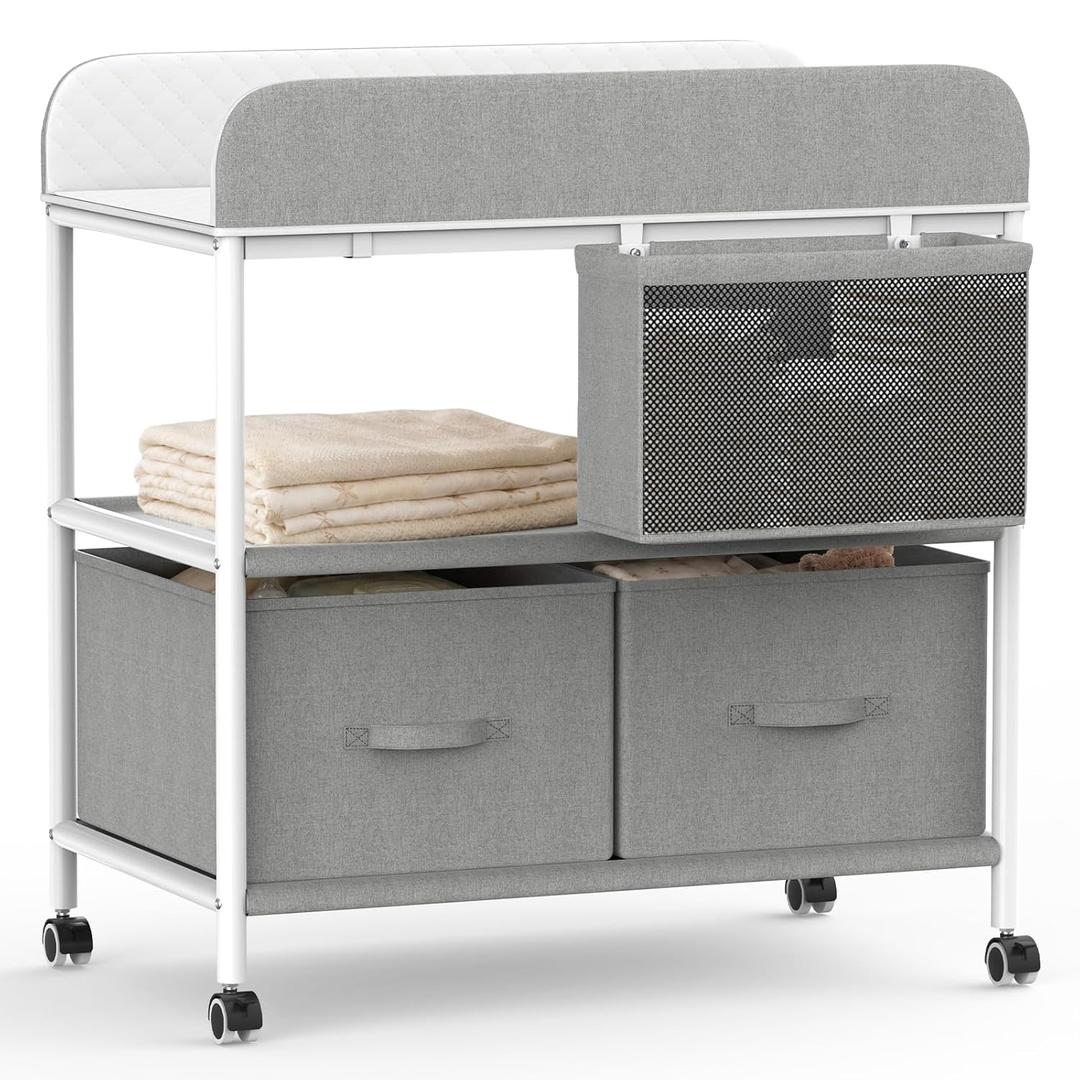 Baby Changing Table, Portable Diaper Changing Station, Changing Table with Wheels, Waterproof Changing Pad, Removable Storage Baskets & Safety Belt, Mobile Nursery Organizer for Newborns