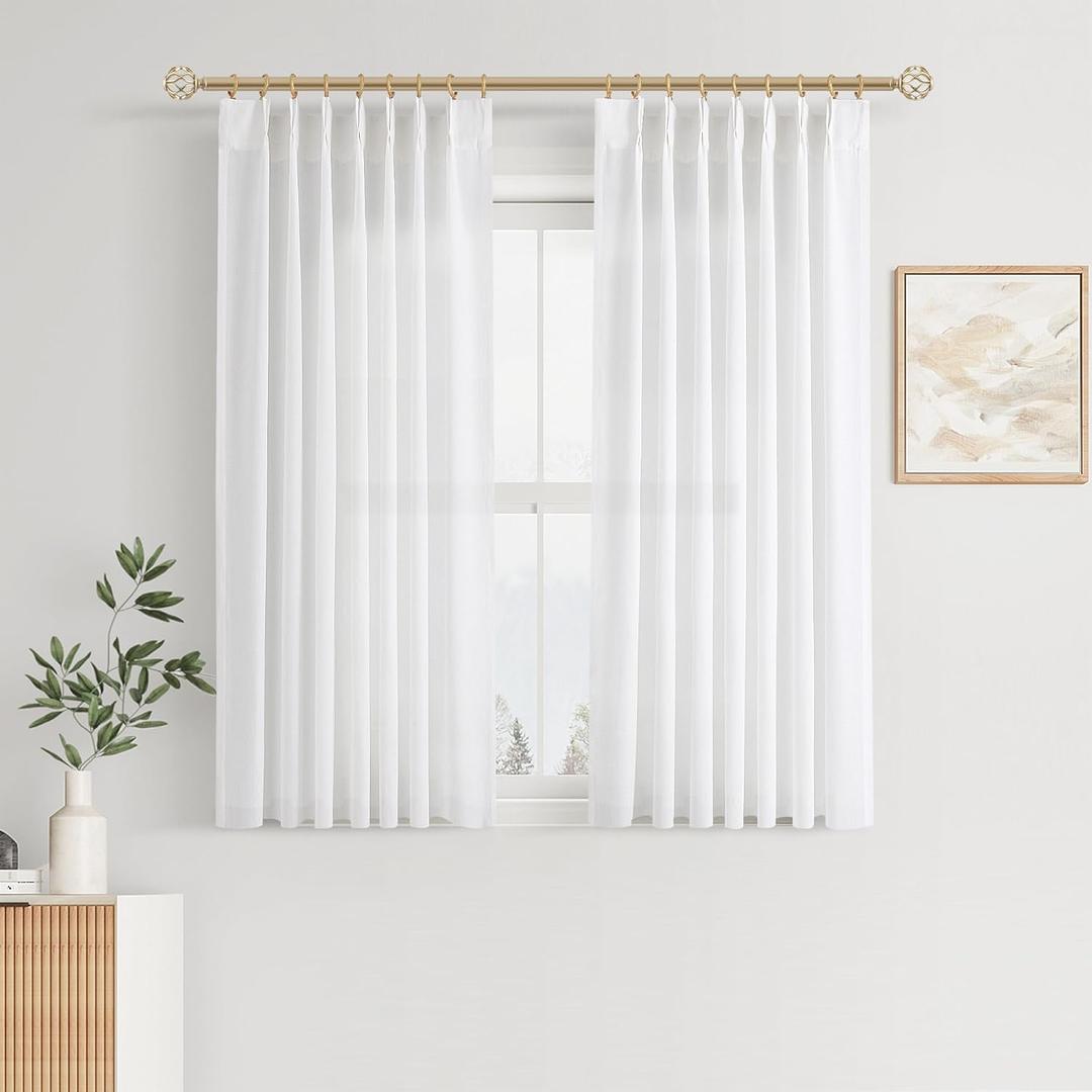 White Pinch Pleat Linen Curtains 45 Inch Long for Kitchen Pleated with Hooks Back Tab Light Filtering Boho Farmhouse Short Semi Sheer 45 Inch Cafe Curtain for Dining Room RV Small Window (40"W x 45"L (Pack of 2))