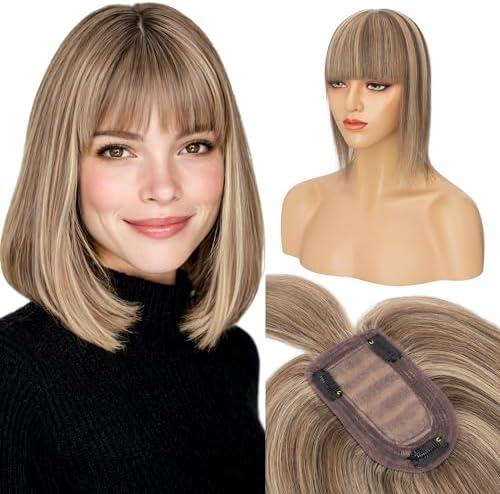 S-noilite Human Hair Toppers for Women with Bangs 100% Real Human Hairpiece 5"x3" Clip in Silk Base Topper Piece Cover Thinning Fine Hair 10 inch Medium Brown Highlighted Honey Blonde