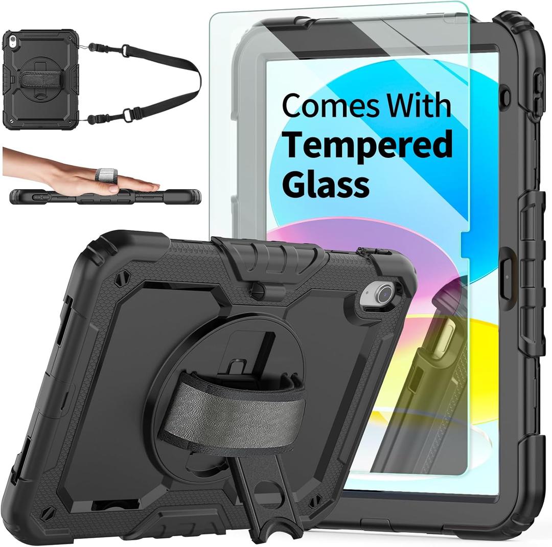 Ambison Case for iPad (A16) 11th/10th Generation 11''/10.9'' 2025/2022, [Kid Proof] Full Body Protective Case with 9H Tempered Glass Screen Protector, 360 Rotatable Kickstand & Hand Strap (Black)