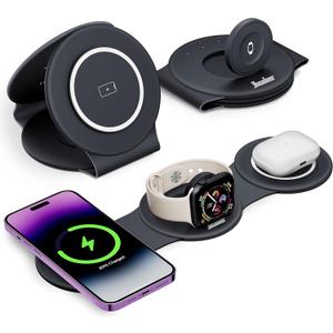 3 in 1 Charging Station for Apple Multiple Devices, Foldable Travel Wireless Charger 18W for iPhone 16 15 14 13 Pro Max Plus &Apple Watch Series/Airpods (Black)