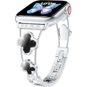CTYBB Bling Diamond Band Compatible with Apple Watch Bands for Women 40mm 41mm 38mm 42mm Series 11 10 9 8 7 6 5 4 SE 3 2 1, Sparkle Metal Bracelet Wristband, Cute Lucky Clover Dressy iWatch Band,Silver/Black