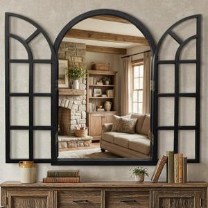 Arched Window Mirrors for Wall, Wooden Rustic Farmhouse Mirror for Wall Decor 26 x 38 Black, Decorative Wall Mirror Arch for Living Room, Bedroom, Bathroom, Fireplace, Farmhouse