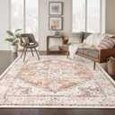 LIVEBOX 8x10 Area Rug for Living Room, Washable Orange Boho Rug, Soft Non-Slip, Low-Pile Vintage Medallion, Retro Faux Wool for Dining Room, Bedroom, Office (8 x 10 ft, Medallion Orange)