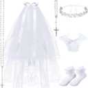 Funtery 6 Pcs First Communion Veils Girls Catholic Set 1st Communion Wreath Veil Headpiece Sock Necklace Bracelet Kid Wedding