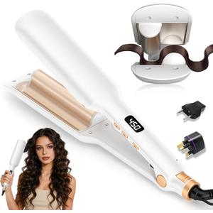 Hair Crimper Waver Curling Iron, 1/2 Inch Beach Waves Curling Wands, Ceramic 2 Barrels Deep Waver, Dual Voltage Hair Culer Tools with EU/UK Plug Adapter,12 Temps, 30S Heat up, Auto-Off (White Gold)