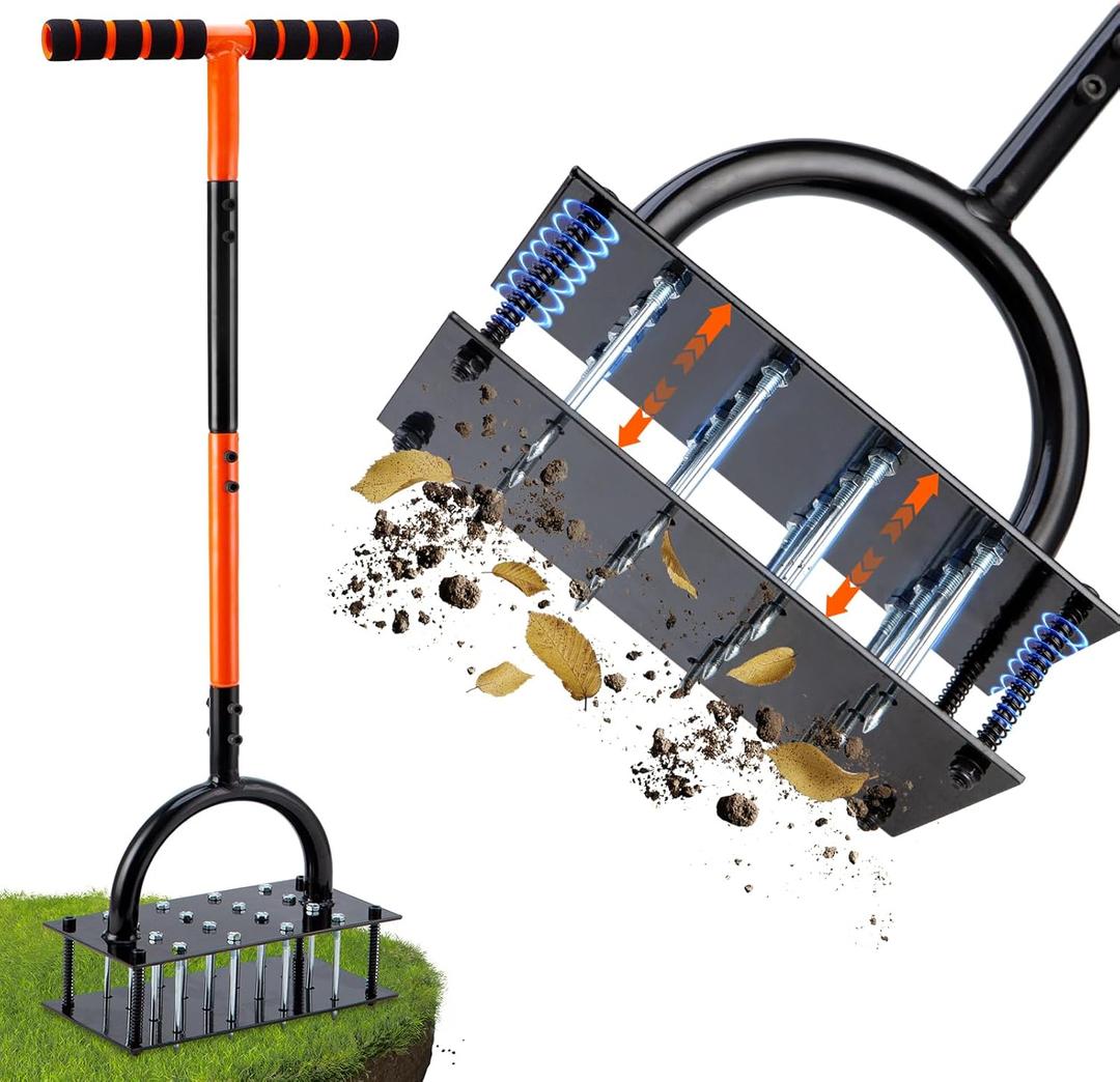 Bluesea Lawn Aerator Tool - 16 Iron Spikes with Ergonomic T-Handle, Automatic Dirt Clean for Soil Loosening & Yard Aeration, Manual Metal Grass Aerator (Orange)