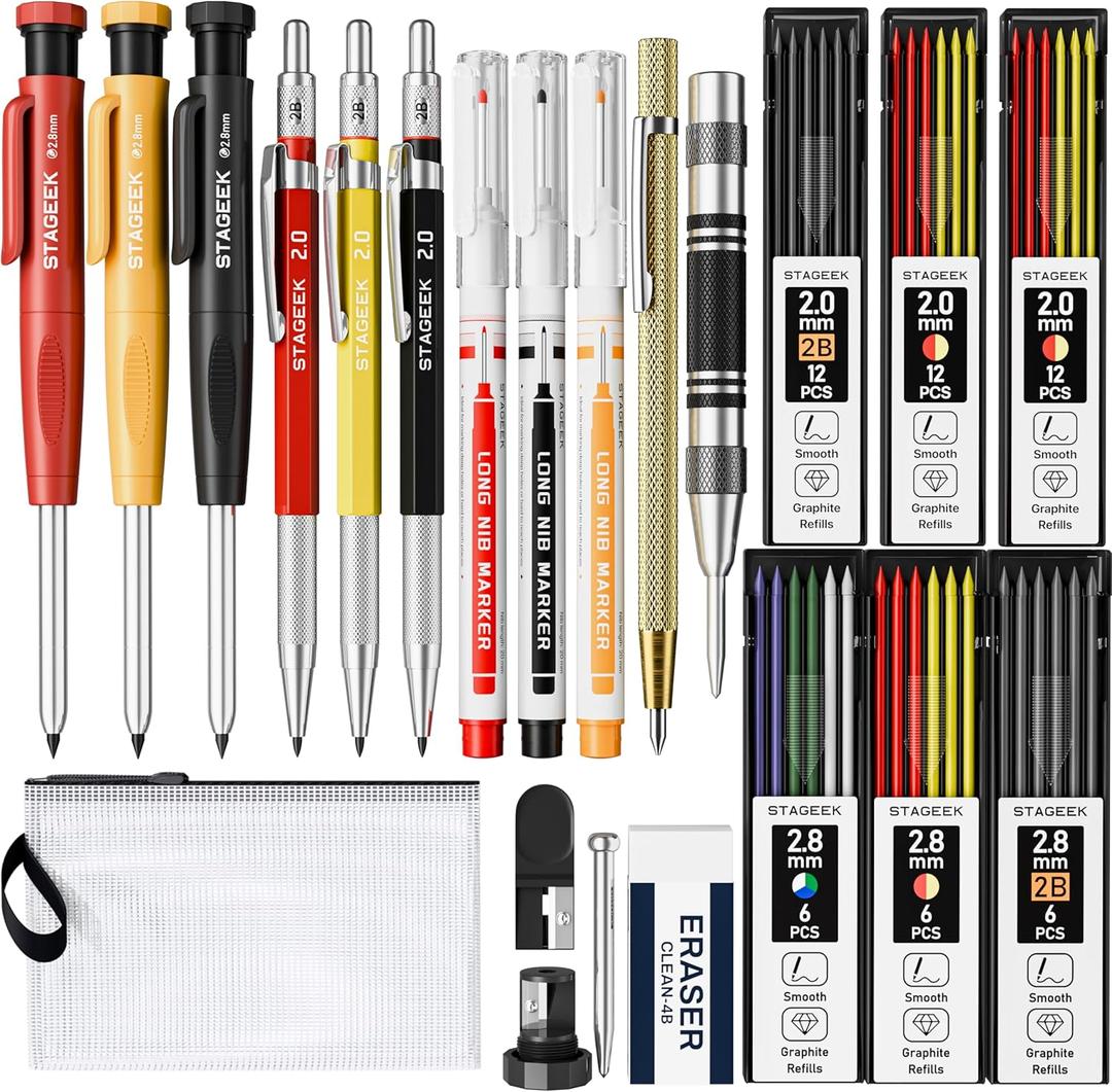 22 Pack Mechanical Carpenter Pencil Set with Sharpener 60 Refills, Automatic Center Punch, Carbide Scribe Tool, Eraser and Deep Hole Marker Pen, Heavy Duty Construction Pencil for Architect, With Pouch