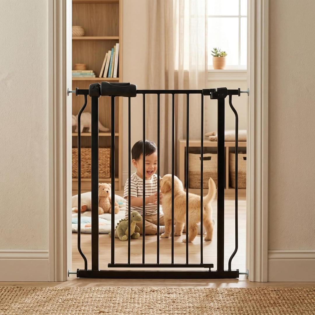 29-34 Inch Baby & Pet Gate - Black Metal, Pressure Mounted, Walk Through Safety Gate for Narrow Stairs & Doorways