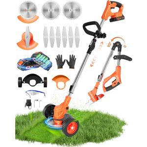 Cordless Weed Wacker, Electric Weed Wacker 21v, 3 in 1 Weed Eater Battery Powered/Brush Cutter/Stringless, Weed Trimmer with Wheel & Blade, Wheels for Garden and Yard Lawn (Collapsible) (Orange)