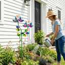 Solar Wind Spinner Outdoor Metal Garden Decor – 2-in-1 Kinetic Double Lotus Flower Stake with Glowing Fiber Optic Lights, Multi-Color Spinning Yard Art Sculpture for Patio, Lawn, and Pathway