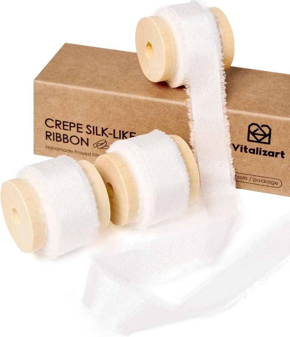 Vitalizart White Ribbon Double Face Silky Satin Ribbon 5/8" Crepe Silk Like Handmade Frayed Fringe for Gift Wrapping Baby Shower Wedding Bridal Bouquets Holiday Decor 15 Yard Cream Ivory White