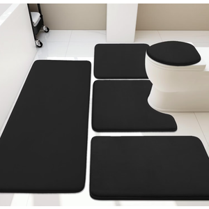 Bathroom Rug Set 5 Piece, Memory Foam Bath Mat Set, Super Absorbent Bath Mats for Bathroom - Non-Slip & Washable Bathroom Rugs - Dry Quickly Bath Rugs, Black Bathroom Rug Set