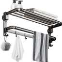 Aluminum Suction Cup Towel Rack with Towel Bar Holder, No Drill Foldable 18 Inch Towel Shelf with 8 Hooks,Towel Storage Organizer for Bathroom Bath Shower, Grey