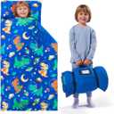 JOIEDOMI Toddler Nap Mat for Preschool 55''x30'' Sleeping Mat with Removable Pillow and Minky Blanket for Kids Ages 3-7 Roll Up Soft Kids Sleeping Bag for Boys Girls Kindergarten Daycare Sleepover (Dark Blue Dinosaur)