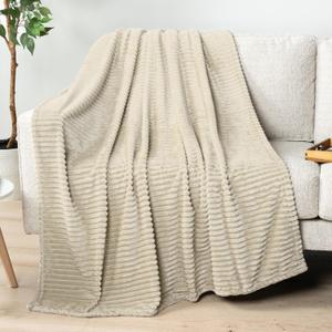 PAVILIA Super Soft Fleece Throw Blanket Cream Beige, Luxury Fuzzy Plush Flannel Throw, Warm Cozy Ribbed Microfiber Blanket for Sofa Couch Bed, Lightweight Striped Blanket, Beige, 50x60