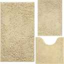 Bath Rugs Chenille 3-Piece Extra Soft and Absorbent Shag Beige Bathroom Rugs, Machine Wash Mat, Strong PVC Non-Slip Underside, Plush Carpet Mats (Beige)