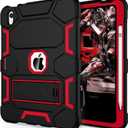 CCMAO Case for iPad (A16) 11th/10th Generation(2025/2022), iPad 10th Case with Kickstand & Pencil Holder, Heavy Duty Shockproof Hybrid Three Layer Protective Cover for Girls Women, Black+Red