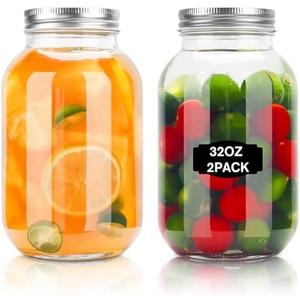 ODDMUCK Glass Mason Jars, 2 Pack 32oz Clear Glass Regular Mouth Canning Jars with Lids for Sealing, Ideal for Food Storage, Snacks, Candies, Jam, Honey, Wedding Favors, Shower Favors, DIY Projects