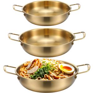 3 Korean Ramen Noodle Pot with Handles, Stainless Steel Everyday Pan, Golden Korean Cooking Pot for Soup, Noodle, Pasta, Home and Outdoor, Dishwasher Safe, Size 7", 8.7", 9.5"