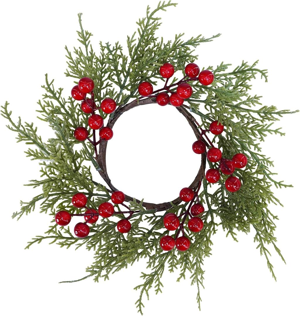 Winlyn 4 Pcs Artificial Cedar and Berry Candle Rings Christmas Candle Holder Wreath Rings Mini Wreaths Ornaments 13.4" Wide for Tabletop Decoration Winter Wedding Christmas Holiday Season