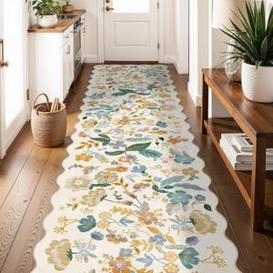3x12 Washable Scalloped Floral Rug: Non Slip Long Hallway Runner Rug for Entryway Kitchen Floor - Ultra-Thin Soft Low Pile Stain Resistant Carpet for Cottage Core Decor (3X12 Beige-Cream)